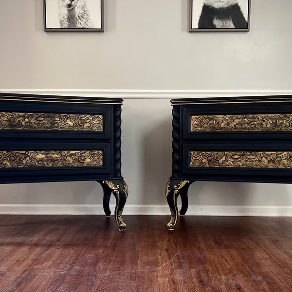 SOLD SOLD SOLD! Chippendale Style Dark Navy Blue & Gold Nightstand End Tables + Queen Anne legs + Matte Finish