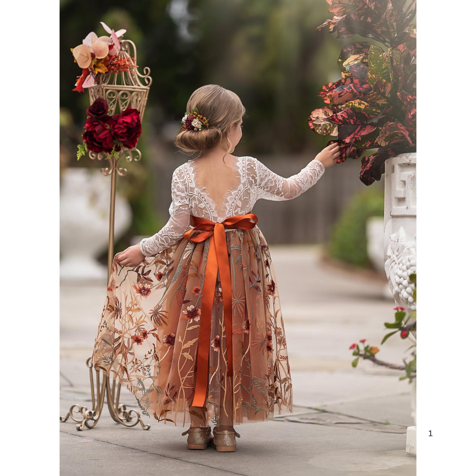 Vestito da damigella d'onore per bambine con vestito a maniche lunghe, abito da damigella d'onore, abito da principessa, matrimonio, abito da sera, abito da sera in pizzo Colore: bianco. 8-9 Anni