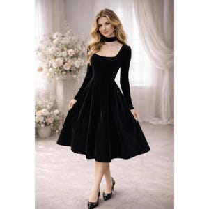 long sleeve queen anne neckline fit and flare dress black Queen Anne Neckline Crystal Embellished Dress M / Black