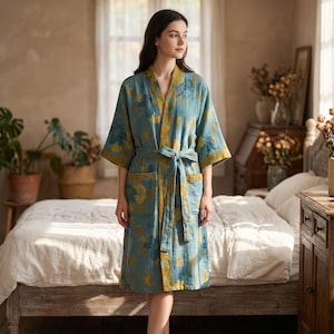 May include: A blue and yellow floral patterned robe with a matching belt. The robe has a V-neck, short sleeves, and two front pockets. The model is wearing the robe in a bedroom setting.
