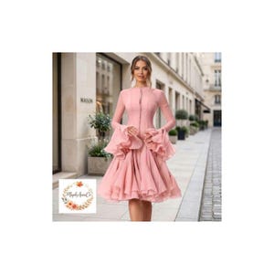 Könnte beinhalten: Ein hellrosa Kleid mit langen Ärmeln und hohem Ausschnitt. Das Kleid hat eine Knopfleiste vorne und einen gerüschten Rock. Die Ärmel haben große, gerüschte Glockenmanschetten. Das Kleid ist knielang und aus fließendem Stoff.