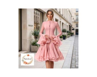 Vestido elegante con volantes para mujer, largo hasta la rodilla, corte A, manga acampanada, cintura alta, botones