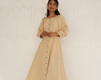 Cotton Maxi Dress | Button Down Square Neck, Puff Sleeve, Vintage Boho Cottagecore Style