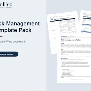 May include: A digital template pack for NDIS risk management featuring ten editable Word documents. The document set includes a WHS Risk Management Matrix, a Participant Risk Assessment Form, and a Risk Management Policy with text headers.