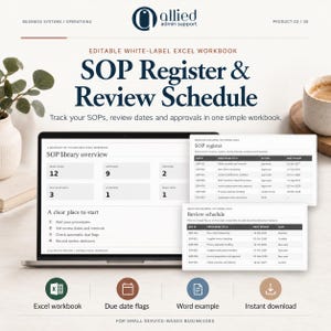 May include: An editable white-label Excel workbook titled SOP Register & Review Schedule. The display shows a laptop screen with an SOP library overview dashboard and two data tables for tracking procedures, review dates, and status updates.