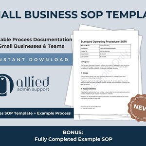 May include: An image promoting a "Small Business SOP Template" available for instant download. The document includes a Standard Operating Procedure (SOP) example and a bonus fully completed SOP. The image has the text "NEW".