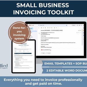Könnte beinhalten: Ein digitales Marketingbild, das ein Toolkit für die Rechnungsstellung für kleine Unternehmen bewirbt. Das Bild zeigt ein Tablet und einen Computerbildschirm mit Rechnungs Vorlagen. Der Text enthält "Small Business Invoicing Toolkit", "Email Templates + SOP Bundle" und "2 Editable Word Documents".