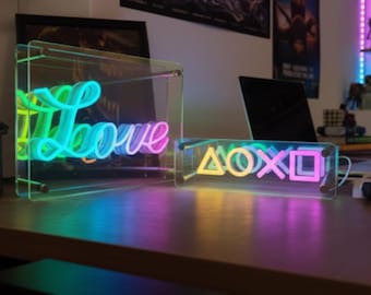 PlayStation Buttons Logo & Love LED Neon Table Lamp | 3D Colorful Mirror Atmosphere Light | Gaming Decor