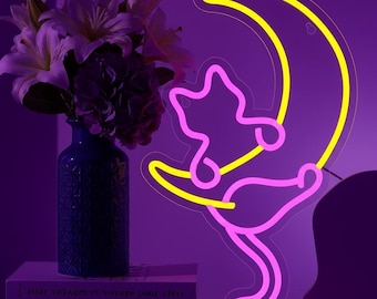 Moon Cat LED Neon Sign | Whimsical Crescent Moon Wall Light, Bedroom Decor