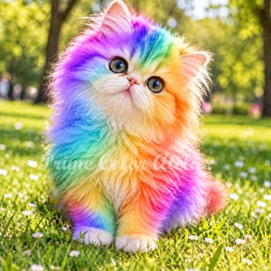 May include: A fluffy kitten with long fur featuring a vibrant rainbow gradient of colors including blue, green, yellow, orange, and pink. The kitten has large, round, light-colored eyes and white paws. The text Prime Color Art is visible.