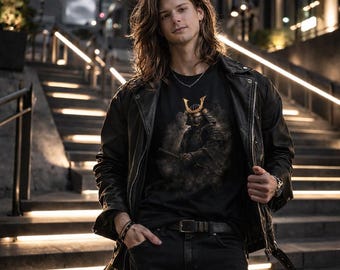 Japansk samurai-t-shirt, Bushido-krigare med grafisk design, guldfärgad Kabuto-rustning, japansk streetwear-gåva