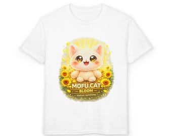 T-shirt med illustration av Mofu-katt och solros | T-shirt med Bloom Sunshine-motiv för ungdomar