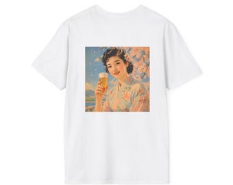 Japansk ölflicka-t-shirt | Retro Showa-eran grafisk t-shirt | Vintage Japan-reklamstil | Stadspop estetisk konst-t-shirt