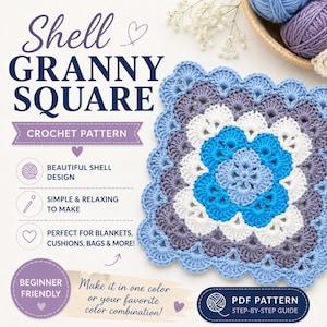 May include: A crochet pattern for a shell granny square featuring text that reads Shell GRANNY SQUARE CROCHET PATTERN. The square is made with blue, white, and purple yarn in a floral design with a scalloped edge. Includes a PDF pattern label.