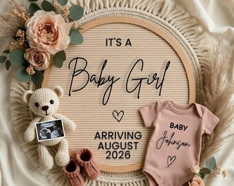 Baby Girl Pregnancy Announcement Template, Boho Bear Gender Reveal (Digital Download)