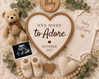 One More to Adore zwangerschapsaankondiging, bewerkbare sjabloon, 2e 3e 4e babyonthulling, broer/zusaankondiging, Boho neutrale lentebaby