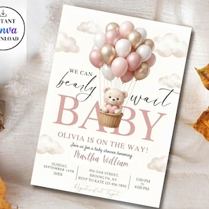 Puede incluir: Una tarjeta de invitación para baby shower con un osito de peluche en un globo aerostático hecho de globos rosas, blancos y dorados sobre un fondo de nubes. El texto dice: We can bearly wait baby, Olivia is on the way, join us for a baby shower honoring Martha William, Sunday September 14th, 456 Oak Street, Brooklyn, NY, RSVP to Kate 123-456-7890, 1:00 PM to 4:00 PM.