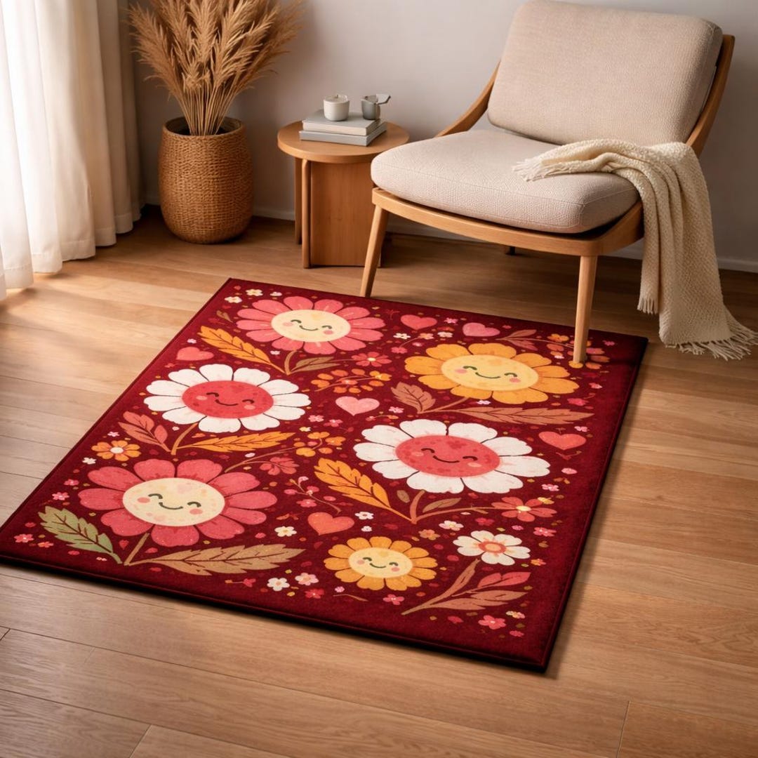 Fun Daisy Rug Red Daisy Flower Rug, Kawaii Smiley Kids Playroom Carpet, Wool Area ...
