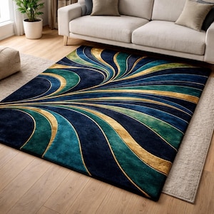 Abstrakter Swirl Teppich, Luxuriöser Statement Teppich in Marineblau, Türkis und Gold