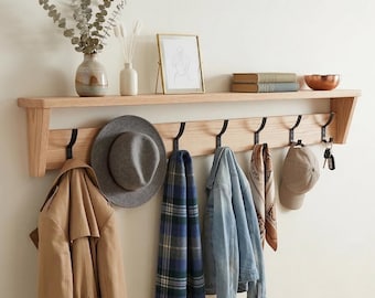Solid Wood Oak Coat Rack with Shelf | Wall-mounted