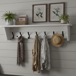 May include: A neutral-toned entryway with a wooden bench, a white shelf with hooks, and a round mirror. The bench has a dark cushion, and the wall is decorated with framed art and a hat. A scarf and jackets hang from the hooks.