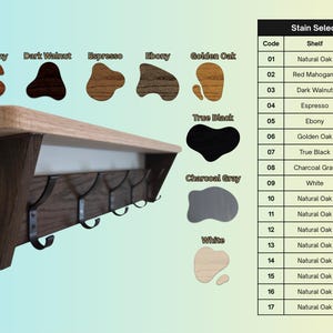 May include: A wooden wall-mounted shelf with a rack featuring five black metal hooks. The image includes a Stain Selection Guide table listing seventeen color codes for the shelf and rack, along with eight distinct wood stain color swatches.