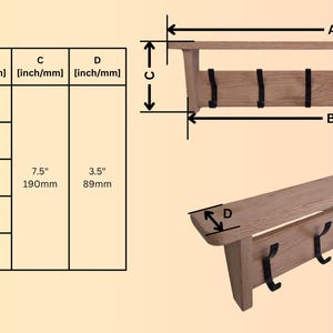 May include: A wooden wall-mounted coat rack with a top shelf and black metal hooks. A sizing chart displays dimensions in inches and millimeters for models with 3 to 7 hooks, ranging from 15 inches to 34 inches in width and 3.5 inches in depth.