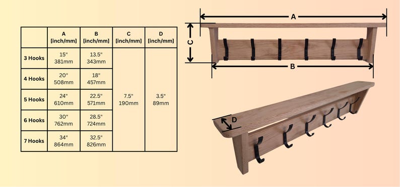 May include: A wooden wall-mounted coat rack with a top shelf and black metal hooks. A sizing chart displays dimensions in inches and millimeters for models with 3 to 7 hooks, ranging from 15 inches to 34 inches in width and 3.5 inches in depth.