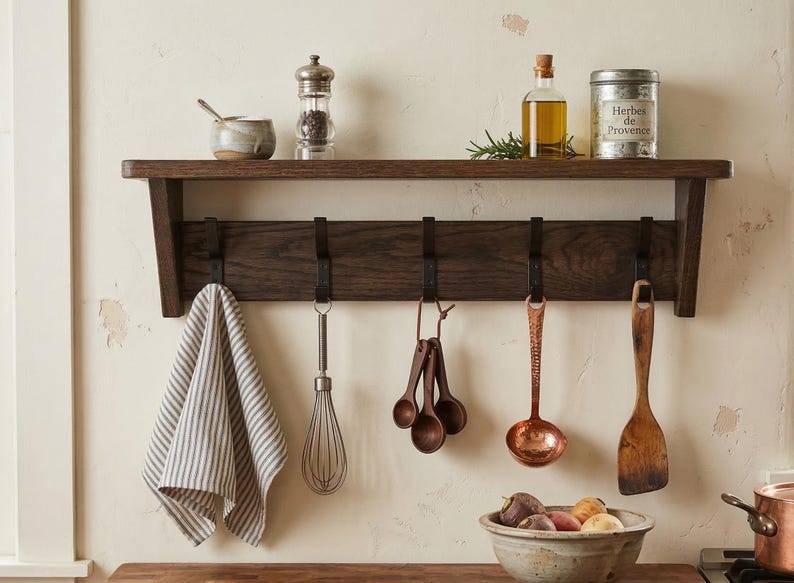 May include: A dark brown wooden wall shelf with five black metal hooks. Hanging from the hooks are a grey and white striped kitchen towel, a metal whisk, a set of wooden measuring spoons, a copper ladle, and a wooden spatula.