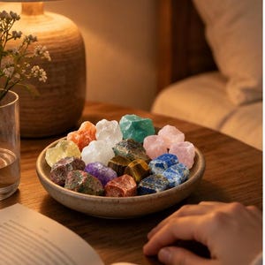 May include: A shallow, speckled ceramic bowl filled with a collection of raw, tumbled gemstones in various colors including orange, white, teal, pink, yellow, purple, brown, and blue, arranged in a cluster on a wooden surface.