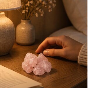 May include: A small cluster of raw, translucent pale pink rose quartz stones with irregular, jagged edges and a crystalline texture, resting on a wooden surface near an open book and a lamp in a dimly lit room setting.