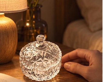 Ribbed Crystal-Glass Trinket Jar with Pointed Knob Lid, Vanity Storage Canister