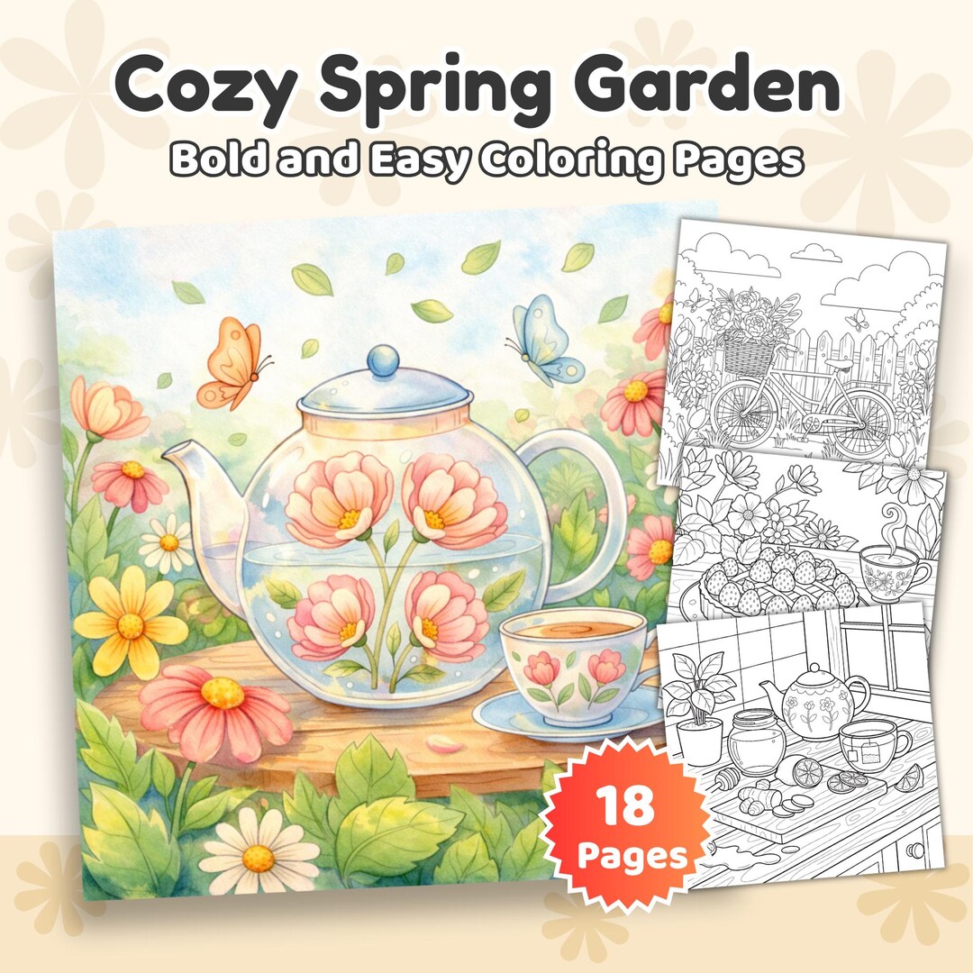 Cozy Spring Garden Dessert Coloring Book, Bold Easy Pages (digital ...