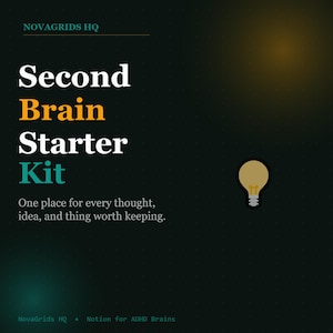 May include: Dark green graphic with the text "Second Brain Starter Kit" in white, orange, and teal. A lightbulb icon is on the right. The text "One place for every thought, idea, and thing worth keeping" is below the title. The Novagrids HQ logo is at the top.