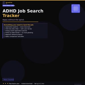 Op de afbeelding: Een digitale Notion-sjabloon getiteld ADHD Job Search Tracker met een donkere achtergrond. Het bevat functies zoals een sollicitatiepijplijn, notities voor sollicitatiegesprekken, een energieplanner, een opvolgtracker en een salariscalculator.