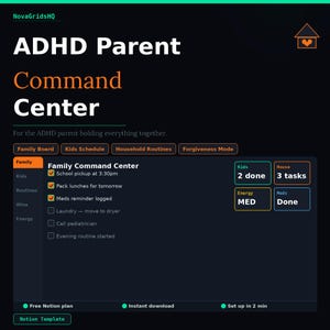 Puede incluir: Una plantilla digital del Centro de Mando para Padres con TDAH con un fondo oscuro y texto naranja y blanco. La plantilla incluye secciones para la familia, los niños, las rutinas y los niveles de energía, con casillas de verificación para tareas y recordatorios.