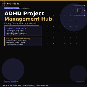 Könnte beinhalten: Digitalgrafik mit dem Text "ADHS Project Management Hub" in Weiß und Gelb. Das Bild enthält eine Liste von Projektmanagement-Tools und einen Aufruf zum Handeln "Beenden Sie endlich, was Sie begonnen haben."