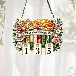 Personalized Cat Reading Tracker Suncatcher, Book Lover Gift, Custom Name Reading Goal Sign, Stained Glass Cat Books Decor, Reader Gift Idea