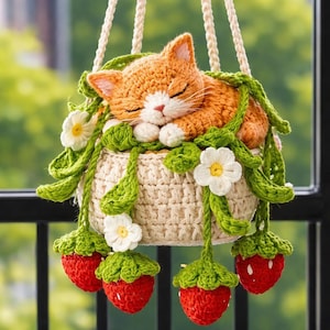 Gehäkelte schlafende Katze, hängender Pflanzer, hängender Erdbeerkorb, niedlicher handgemachter Blumentopf, Kawaii-Raumdekor, Geschenk für Katzenliebhaber