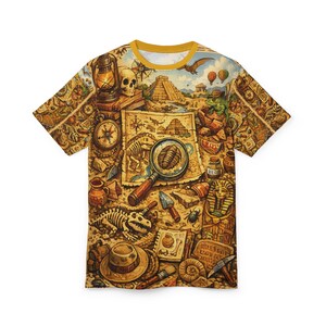 May include: A short-sleeved t-shirt featuring a detailed, colourful graphic with an archeological theme. The design includes a map, magnifying glass, dinosaur skeleton, compass, and other artifacts. The shirt has a yellow collar.