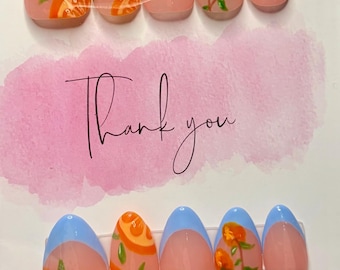 Hand Painted Orange & Baby Blue French Tip Almond Nails
