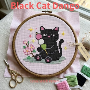 Czarny Kot Dango – Wzór haftu krzyżykowego z czarnym kotem, słodki kotek w formacie PDF, haft kawaii ze zwierzętami, natychmiastowe pobranie, przyjazny dla początkujących