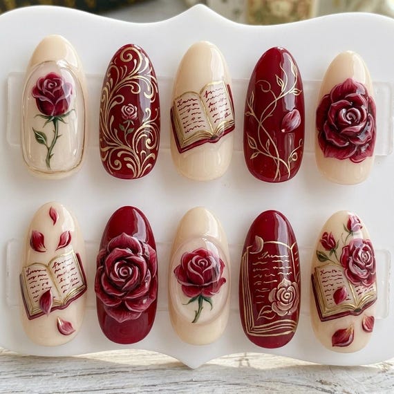 Fairytale Princess Press On Nails, 3D Floral Rose Nail Art, Storybook Fake Nails, Handpainted Fantasy Nails, Reusable Luxury Press Ons