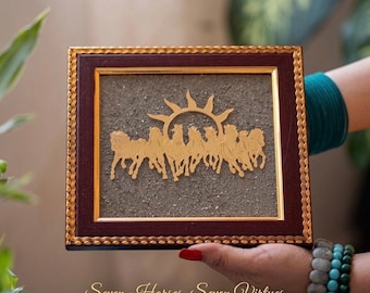 7 Running Horses on Raw Pyrite Wall Art, 19cm Prosperity Frame for Vastu & Feng Shui Success, Golden Horses Wealth Decor for Home Office