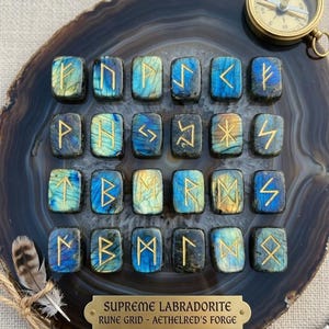 Puede incluir: Un conjunto de veinticuatro piedras de runas de labradorita con s&iacute;mbolos dorados, dispuestas sobre una rebanada de &aacute;gata azul oscuro y gris. Tambi&eacute;n hay una br&uacute;jula dorada y una placa de lat&oacute;n.