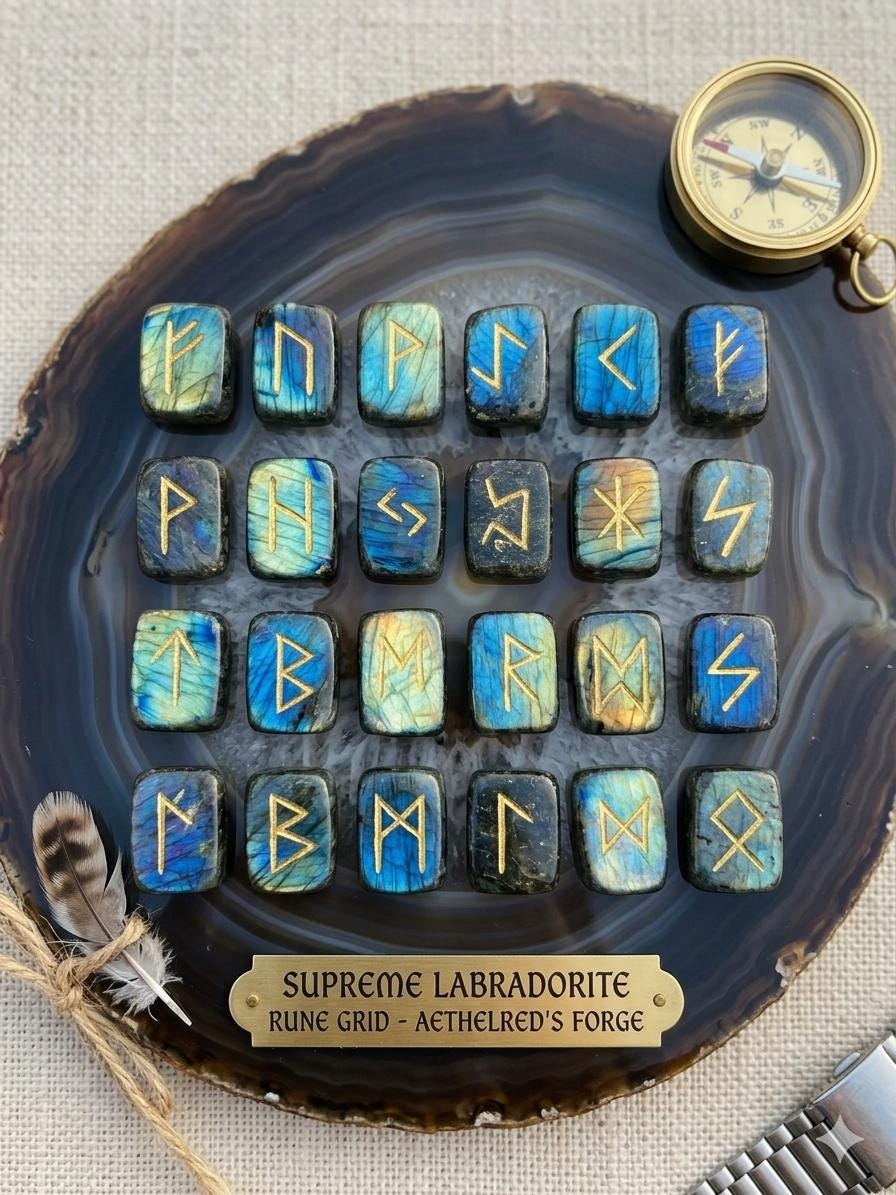 Labradorite Crystal Rune Stone Set 25 Pcs Elder Futhark Divination Kit ...
