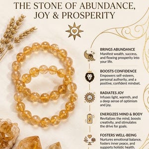 Op de afbeelding: Twee armbanden van gele citrienkralen worden getoond naast ruwe citrienkristallen en gedroogde tarwestengels. De tekst luidt: UNVEILING CITRINE: THE STONE OF ABUNDANCE, JOY & PROSPERITY, gevolgd door opsommingstekens over overvloed, zelfvertrouwen, vreugde, energie en welzijn.