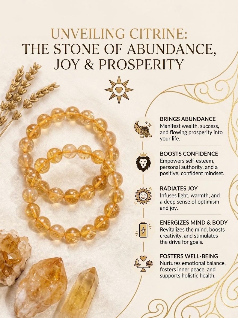Op de afbeelding: Twee armbanden van gele citrienkralen worden getoond naast ruwe citrienkristallen en gedroogde tarwestengels. De tekst luidt: UNVEILING CITRINE: THE STONE OF ABUNDANCE, JOY & PROSPERITY, gevolgd door opsommingstekens over overvloed, zelfvertrouwen, vreugde, energie en welzijn.