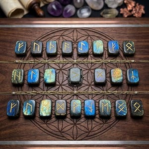 Puede incluir: Piedras r&uacute;nicas de labradorita con s&iacute;mbolos dorados, dispuestas sobre una superficie de madera con un patr&oacute;n decorativo. La imagen incluye un anillo y otros cristales. La disposici&oacute;n resalta los detalles finos de las piedras.