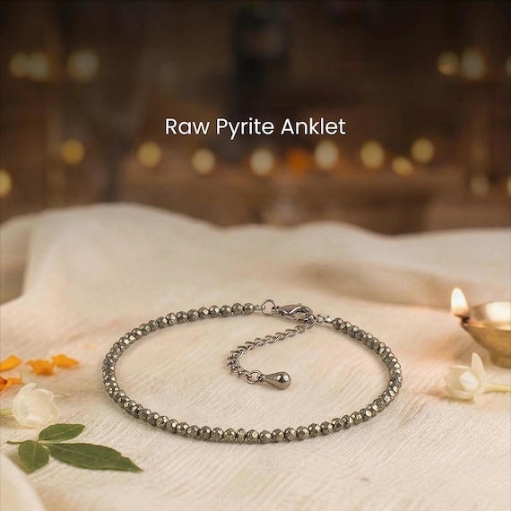 Raw Pyrite Anklet 2mm Tiny Beaded Crystal Bracelet Dainty Minimalist Gemstone Jewelry Protection Abundance Success Boho Gift for Her